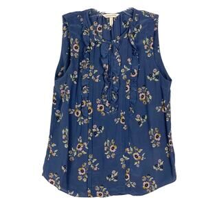 NWOT REBECCA TAYLOR Top 6 Silk Navy Pink Yellow Floral Ruffle Pleated Sleeveless
